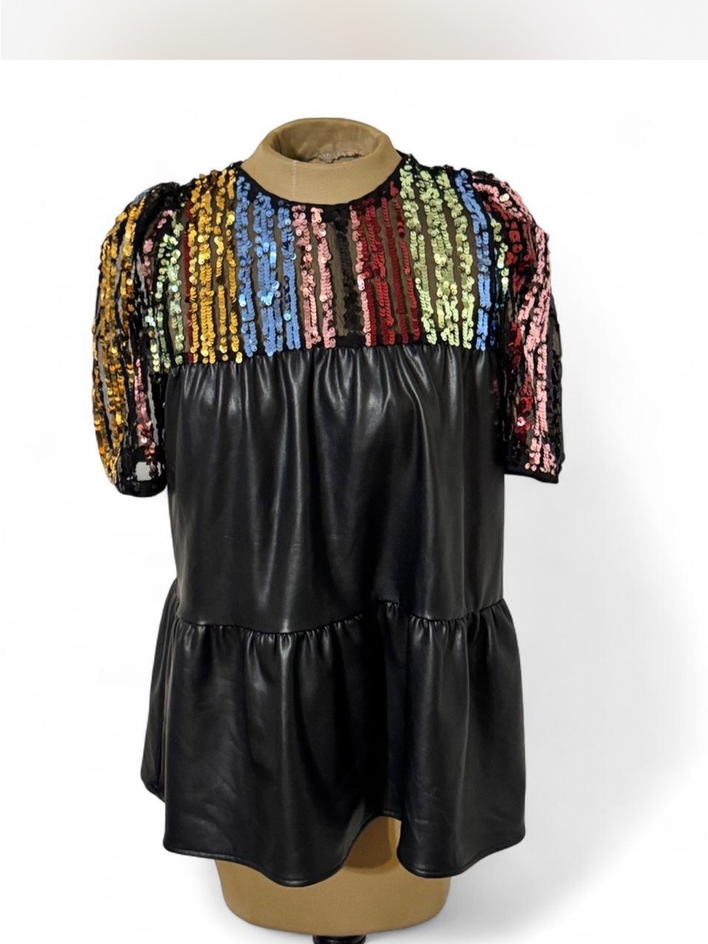 THML Black PU Top with Multicolor Sequin Yoke